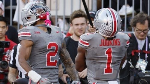 Ohio State receiver Emeka Egbuka, left, and running back Quinshon Judkins celebrate their touchdown against Iowa during the second half of an NCAA college football game, Saturday, Oct. 5, 2024, in Columbus, Ohio.