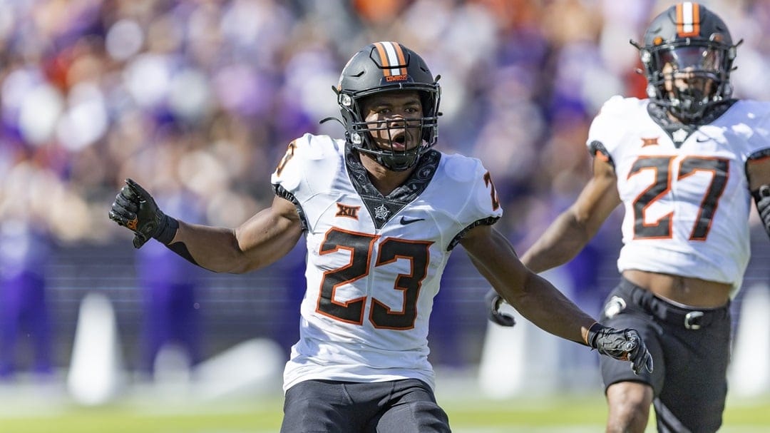 Oklahoma State cornerback Cameron Epps (23) is seen during an NCAA football game against TCU, Oct. 15, 2022, in Fort Worth, Texas. The Oklahoma State redshirt freshman safety had two interceptions in October 2023 against Kansas State, returning one for a touchdown.