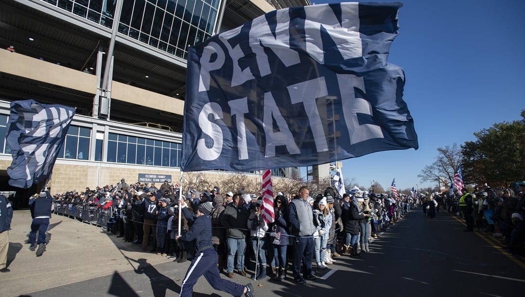 Penn State cheerleaders participate in a pep rally as the Nittany Lions arrive to Beaver Stadium for an NCAA college football game against Indiana in State College, Pa., on Saturday, Nov.16, 2019.