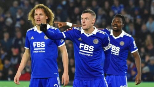 Leicester's Wout Faes, left, Leicester's Jamie Vardy, centre, Leicester's Daniel Amartey during the English FA Cup fifth round soccer match between Leicester City and Blackburn Rovers at King Power stadium in Leicester, England, Tuesday, Feb. 28, 2023.