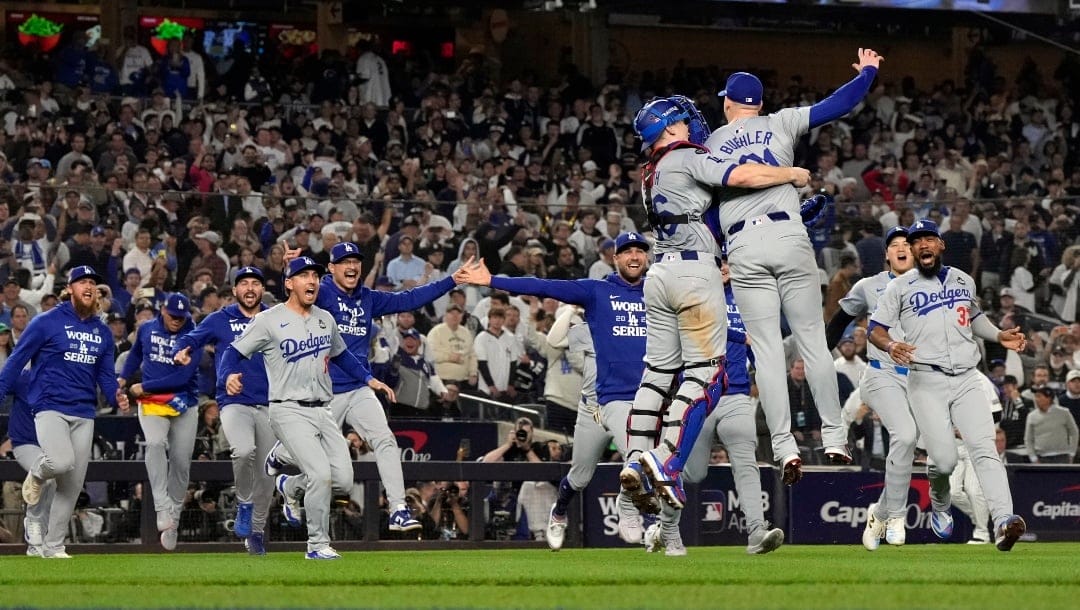 The Los Angeles Dodgers celebrate their win against the New York Yankees in Game 5 to win the baseball World Series, Wednesday, Oct. 30, 2024, in New York.