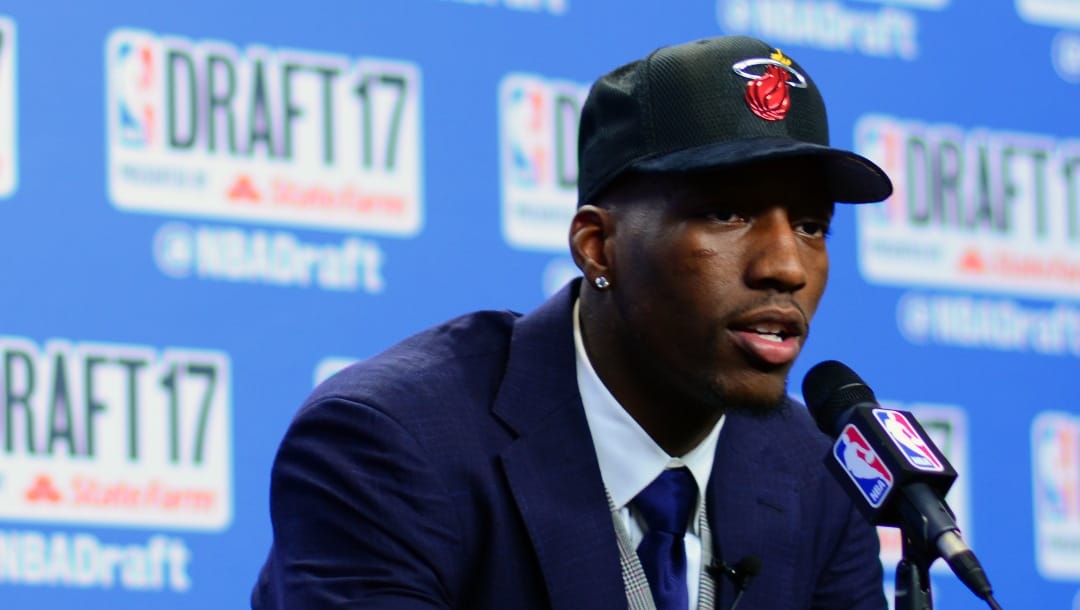 BROOKLYN, NY - JUNE 22: Bam Adebayo speaks with the media after being selected fourteenth overall by the Miami Heat at the 2017 NBA Draft on June 22, 2017 at Barclays Center in Brooklyn, New York. NOTE TO USER: User expressly acknowledges and agrees that, by downloading and or using this photograph, User is consenting to the terms and conditions of the Getty Images License Agreement. Mandatory Copyright Notice: Copyright 2017 NBAE