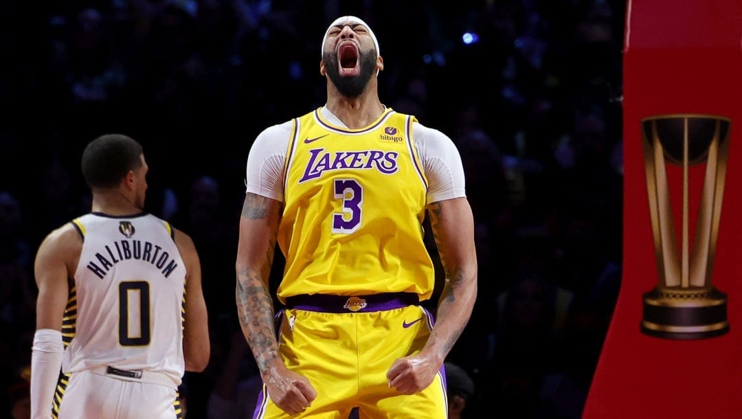 Anthony Davis #3 of the Los Angeles Lakers celebrates a basket against the Indiana Pacers during the fourth quarter in the championship game of the inaugural NBA In-Season Tournament at T-Mobile Arena on December 09, 2023 in Las Vegas, Nevada.