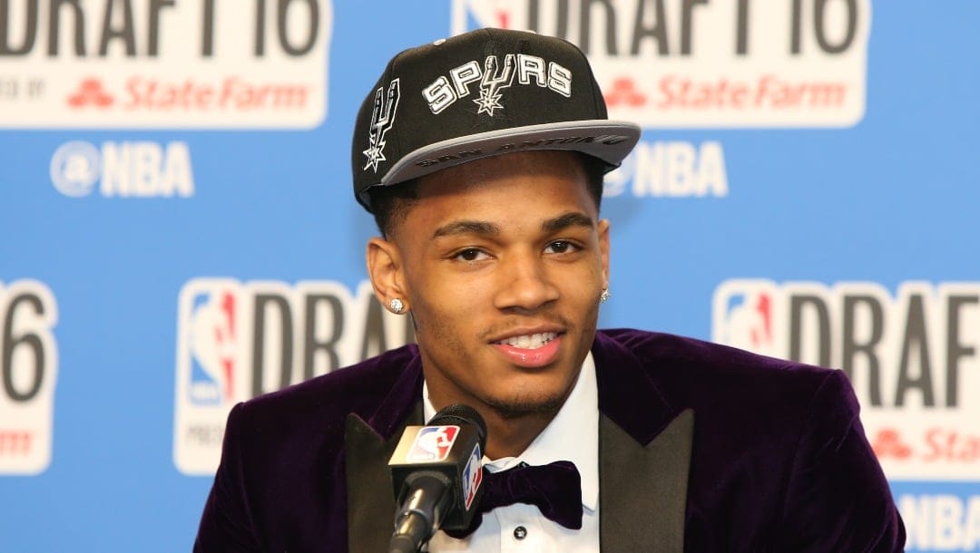 BROOKLYN, NY - JUNE 23: Dejounte Murray speaks with the media after being selected number twenty-nine overall by the San Antonio Spurs during the 2016 NBA Draft on June 23, 2016 at Barclays Center in Brooklyn, New York. NOTE TO USER: User expressly acknowledges and agrees that, by downloading and or using this photograph, User is consenting to the terms and conditions of the Getty Images License Agreement. Mandatory Copyright Notice: Copyright 2016 NBAE