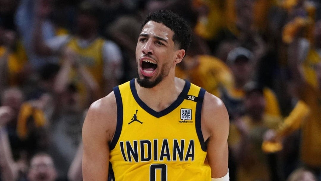 INDIANAPOLIS, INDIANA - MAY 12: Tyrese Haliburton #0 of the Indiana Pacers reacts after a three point basket against the New York Knicks in Game Four of the Eastern Conference Second Round Playoffs at Gainbridge Fieldhouse on May 12, 2024 in Indianapolis, Indiana. NOTE TO USER: User expressly acknowledges and agrees that, by downloading and or using this photograph, User is consenting to the terms and conditions of the Getty Images License Agreement.