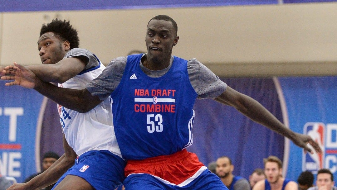 CHICAGO, IL - MAY 13: Pascal Siakam #53 battles for position with Caleb Swanigan #54 during the 2016 NBA Draft Combine on May 13, 2016 at the Quest Multisport in Chicago, Illinois. NOTE TO USER: User expressly acknowledges and agrees that, by downloading and/or using this photograph, user is consenting to the terms and conditions of the Getty Images License Agreement. Mandatory Copyright Notice: Copyright 2016 NBAE