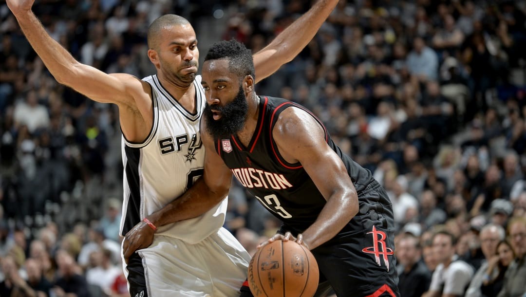 James Harden #13 of the Houston Rockets handles the ball against the San Antonio Spurs during Game Two of the Eastern Conference Semifinals of the 2017 NBA Playoffs on MAY 3, 2017 at the AT&T Center in San Antonio, Texas.