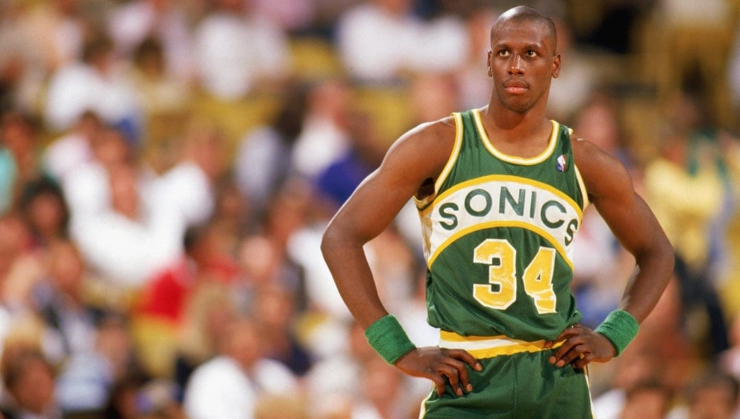 1987: Xavier McDaniel #34 of the Seattle Supersonics looks on during a game in the 1989-1990 NBA season.