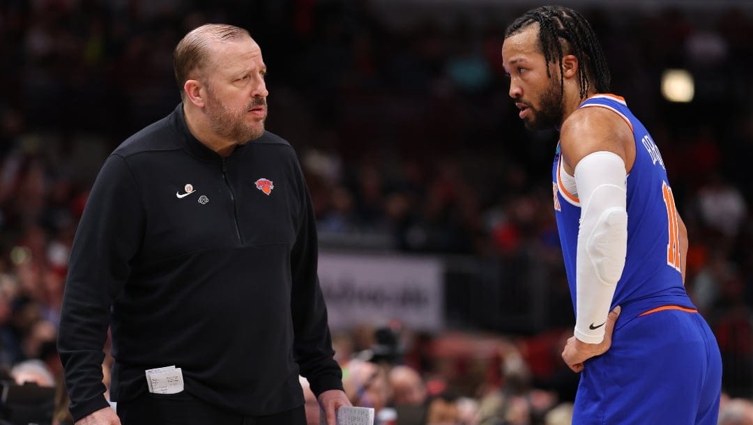 Head coach Tom Thibodeau of the New York Knicks talks with Jalen Brunson #11 against the Chicago Bulls during the first half at the United Center on April 09, 2024 in Chicago, Illinois.