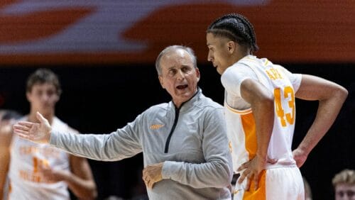 Tennessee head coach Rick Barnes talks to guard Cameron Carr (43) during the first half of an NCAA college basketball game against Gardner Webb, Monday, Nov. 4, 2024, in Knoxville, Tenn.