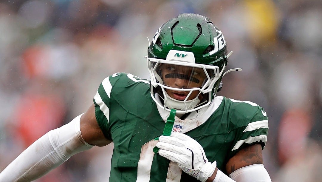 New York Jets running back Braelon Allen (0) reacts during an NFL football game against the Denver Broncos Sunday, Sept. 29, 2024, in East Rutherford, N.J. (AP Photo/Adam Hunger)