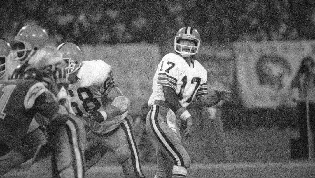 Cleveland Browns quarterback Brian Sipe watches his pass in the second quarter against the San Diego Chargers in the season opener at Cleveland Stadium in Cleveland, Ohio, Sept. 7, 1981.