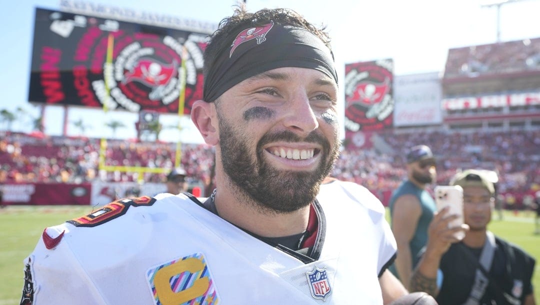 Tampa Bay Buccaneers quarterback Baker Mayfield against the Philadelphia Eagles during the second half of an NFL football game Sunday, Sept. 29, 2024, in Tampa, Fla.