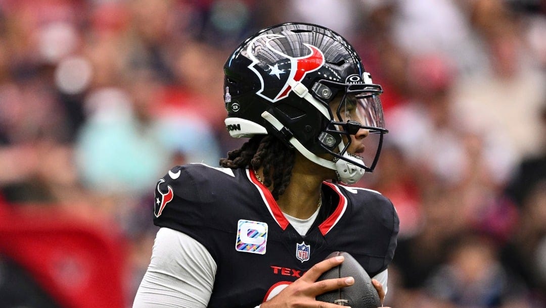 Houston Texans quarterback C.J. Stroud (7) looks to throw the ball in the third quarter against the Jacksonville Jaguars during an NFL football game, Sunday, Sept. 29, 2024 in Houston. The Texans defeated the Jaguars 24-20. (AP Photo/Maria Lysaker)