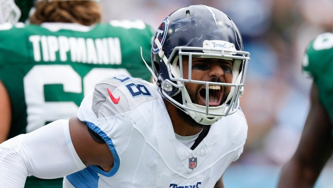 Tennessee Titans outside linebacker Harold Landry III (58) plays during the first half of an NFL football game against the New York Jets, Sunday, Sept. 15, 2024, in Nashville, Tenn. (AP Photo/George Walker IV)