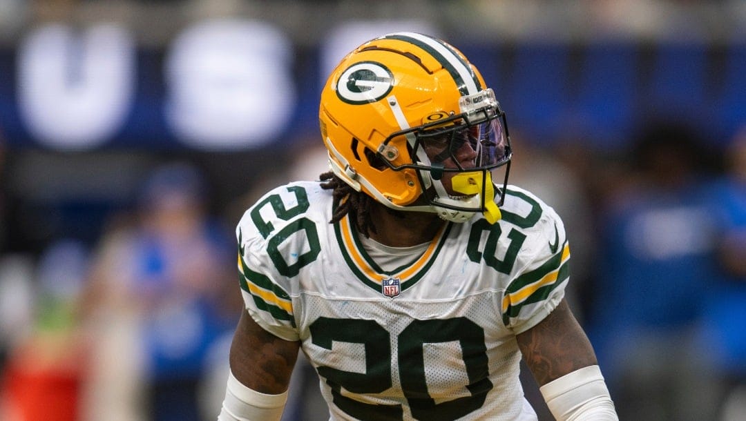 Green Bay Packers safety Javon Bullard (20) takes his stance during an NFL football game against the Los Angeles Rams, Sunday, Oct. 6, 2024, in Inglewood, Calif. (AP Photo/Kyusung Gong)