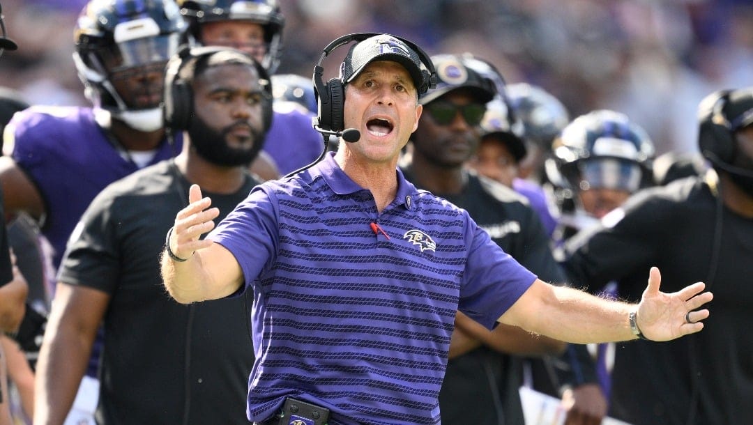 Baltimore Ravens head coach John Harbaugh in action during the second half of an NFL football game against the Las Vegas Raiders, Sunday, Sept. 15, 2024, in Baltimore. (AP Photo/Nick Wass)