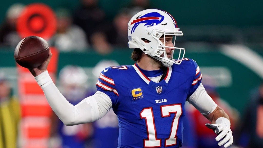 Buffalo Bills quarterback Josh Allen (17) during an NFL football game against the New York Jets, Monday, Oct. 14, 2024 in East Rutherford, N.J. The Bills defeated the Jets 23-20. (AP Photo/Vera Nieuwenhuis)