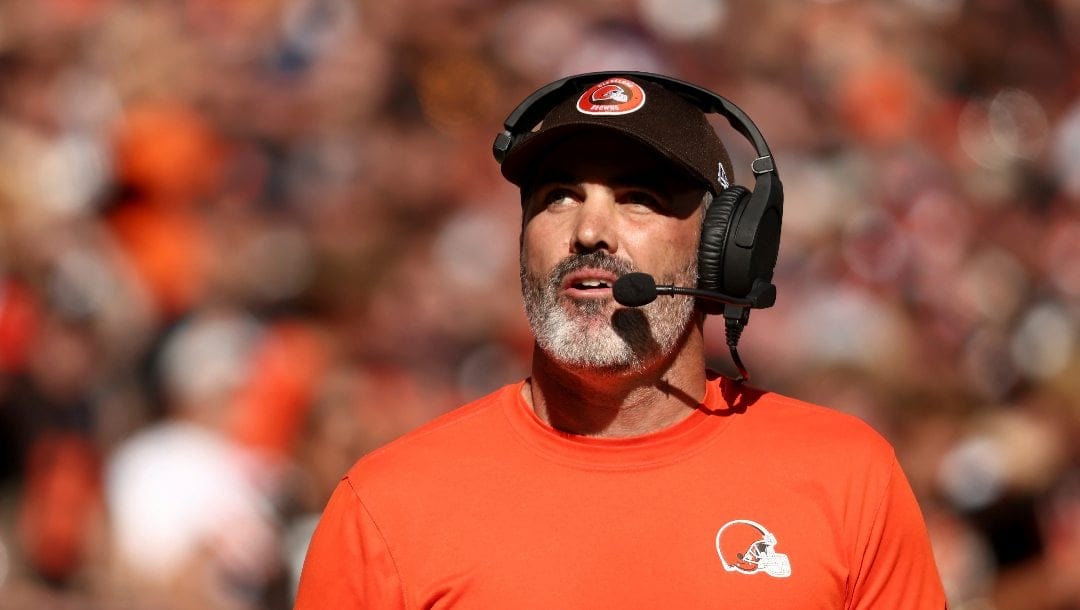 Cleveland Browns head coach Kevin Stefanski looks up at the video board during an NFL football game against the Cincinnati Bengals, Sunday, Oct. 20, 2024, in Cleveland.