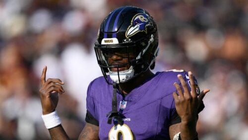 Baltimore Ravens quarterback Lamar Jackson (8) gestures during the second half of an NFL football game against the Washington Commanders, Sunday, Oct. 13, 2024, in Baltimore. (AP Photo/Nick Wass)