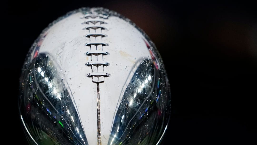 The Vince Lombardi trophy for Super Bowl XLVIII is pictured during a celebration for the 10-year anniversary of the team's Super Bowl win against the Denver Broncos during halftime of an NFL football game against the Carolina Panthers, Sunday, Sept. 24, 2023, in Seattle. The Seahawks won 37-27. (AP Photo/Lindsey Wasson)