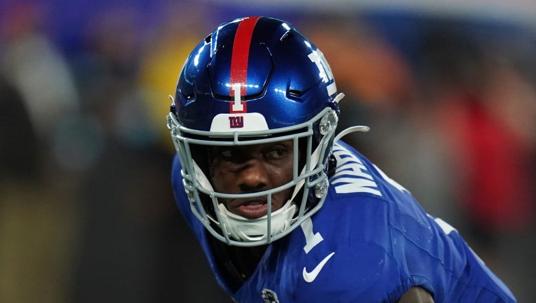 New York Giants wide receiver Malik Nabers (1) during an NFL football game against the Dallas Cowboys, Thursday, Sept. 26, 2024 in East Rutherford, N.J. The Cowboys defeated the Giants 20-15. (AP Photo/Vera Nieuwenhuis)