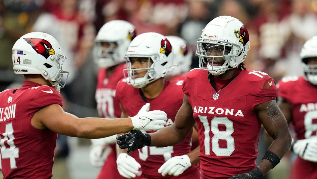 Arizona Cardinals wide receiver Marvin Harrison Jr. (18) celebrates his touchdown catch with wide receiver Michael Wilson (14) during the first half of an NFL football game against the Washington Commanders, Sunday, Sept. 29, 2024, in Glendale, Ariz. (AP Photo/Ross D. Franklin)