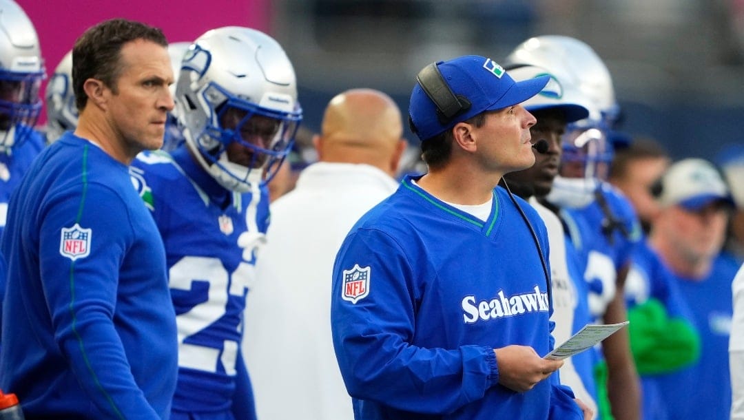 Seattle Seahawks head coach Mike Macdonald walks on the sideline during an NFL football game, Thursday, Oct. 10, 2024 in Seattle. The 49ers won 36-24. (AP Photo/Lindsey Wasson)