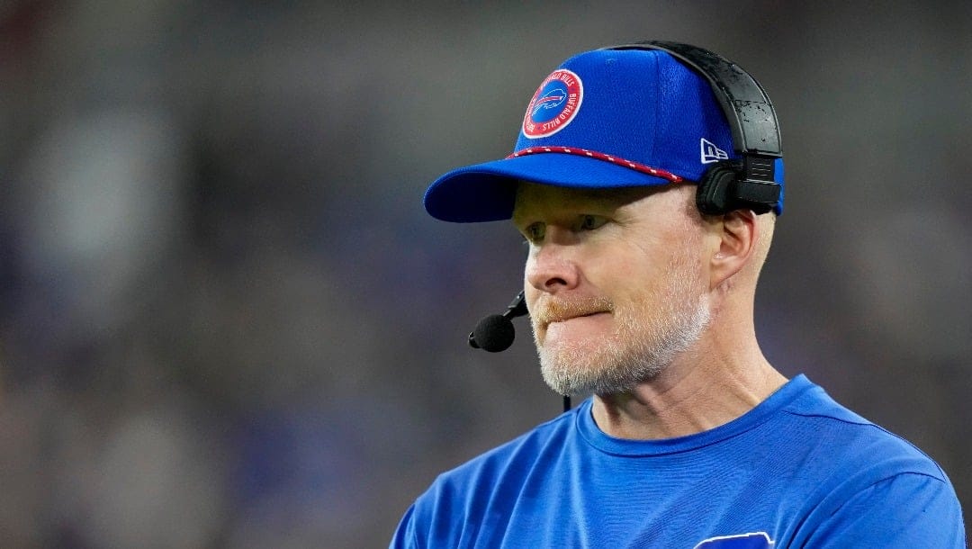 Buffalo Bills head coach Sean McDermott looks on during the second half of an NFL football game against the Baltimore Ravens, Sunday, Sept. 29, 2024, in Baltimore. (AP Photo/Stephanie Scarbrough)