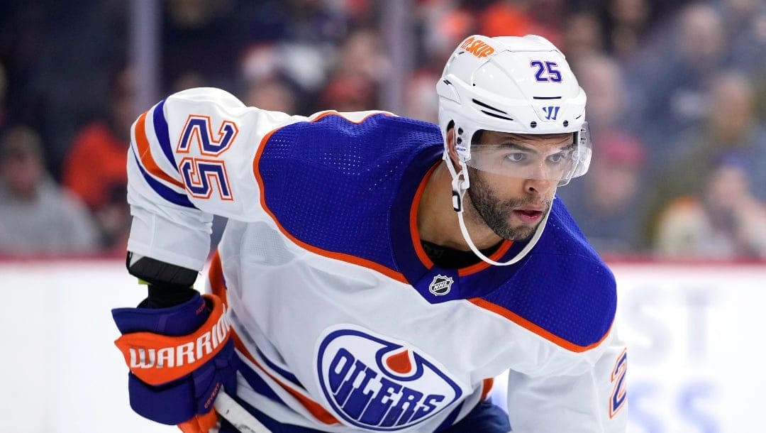 Edmonton Oilers' Darnell Nurse plays during an NHL hockey game, Thursday, Oct. 19, 2023, in Philadelphia. (AP Photo/Matt Slocum)