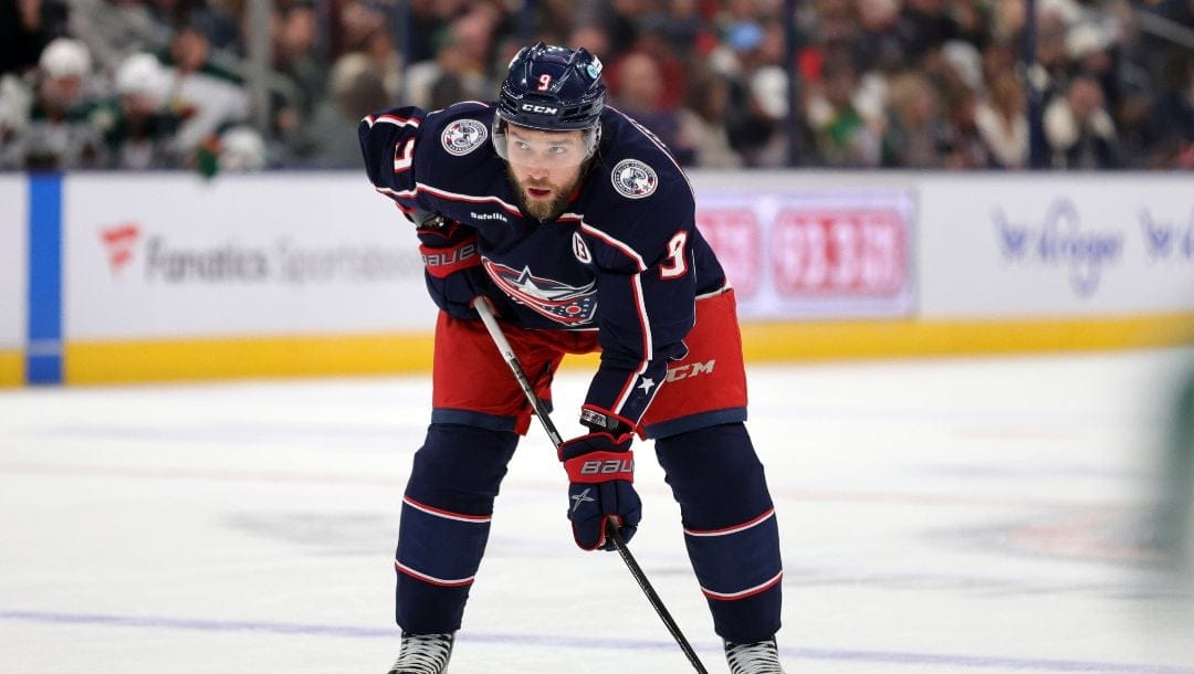 Columbus Blue Jackets defenseman Ivan Provorov waits for the puck drop against the Minnesota Wild during an NHL hockey game in Columbus, Ohio, Saturday, Oct. 19, 2024. The wild won 3-1.