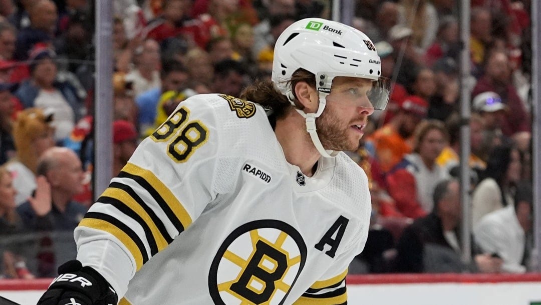 Boston Bruins right wing David Pastrnak (88) skates on the ice during the first period of Game 2 against the Florida Panthers of a second-round series of the NHL hockey Stanley Cup playoffs Wednesday, May 8, 2024, in Sunrise, Fla. (AP Photo/Lynne Sladky)