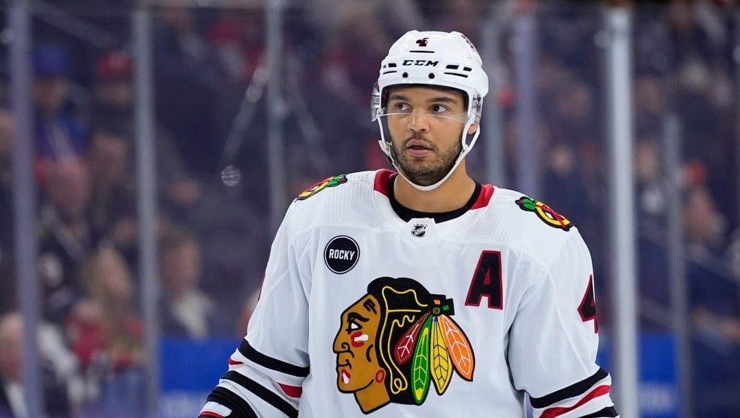 Chicago Blackhawks' Seth Jones plays during an NHL hockey game, Saturday, March 30, 2024, in Philadelphia. (AP Photo/Matt Slocum)