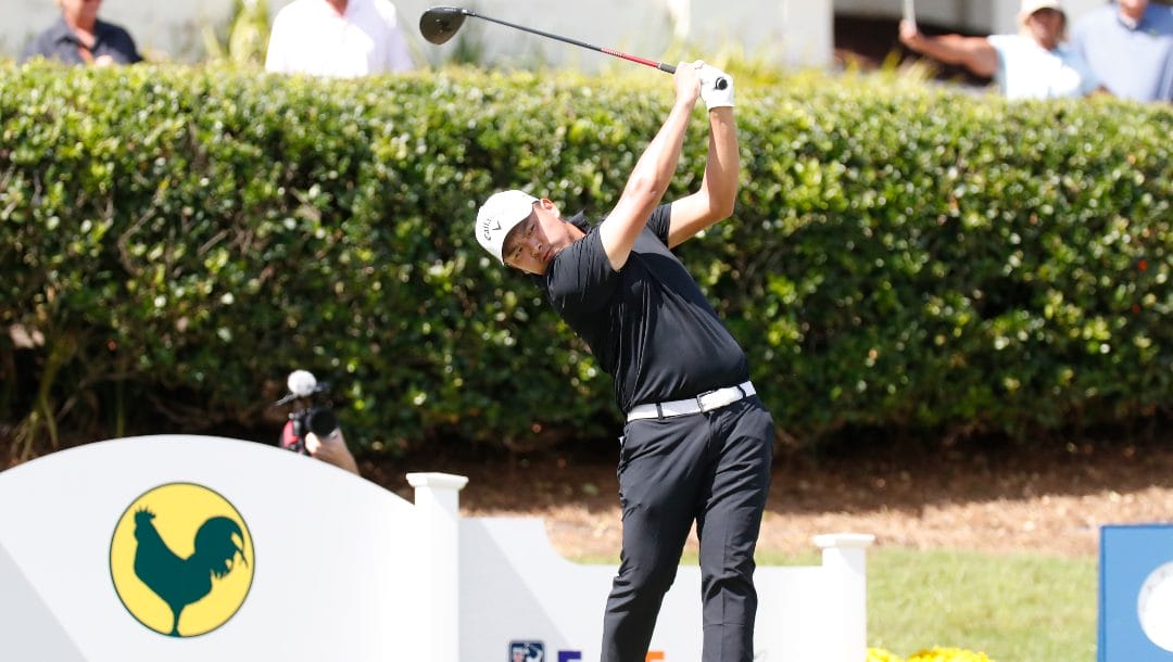 Kevin Yu watches his ball after teeing off from the first hole during the fourth round of the 2024 Sanderson Farms Championship at the Country Club of Jackson on Oct. 06, 2024, in Jackson, Miss.