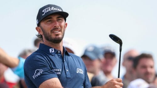 Max Homa watches his shot from the 16th tee during a practice round ahead of the British Open Golf Championships at Royal Troon golf club in Troon, Scotland, Wednesday, July 17, 2024.