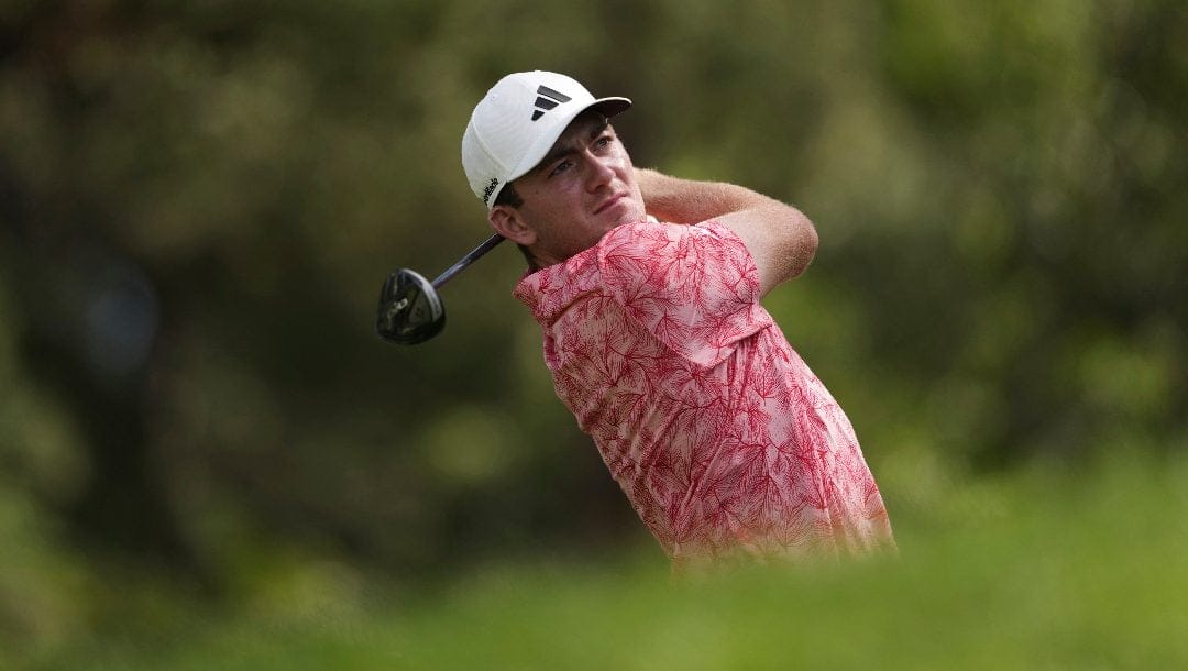 Nick Dunlap hits from the second tee during the third round of the BMW Championship golf event at Castle Pines Golf Club, Saturday, Aug. 24, 2024, in Castle Rock, Colo.