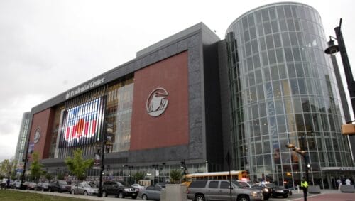 An old logo of the New Jersey Nets is displayed on the side of Prudential Center before an NBA basketball game between the Nets and the Philadelphia 76ers, Monday, April 23, 2012, in Newark, N.J. It will be the last game the Nets play in New Jersey before they move and become the Brooklyn Nets.