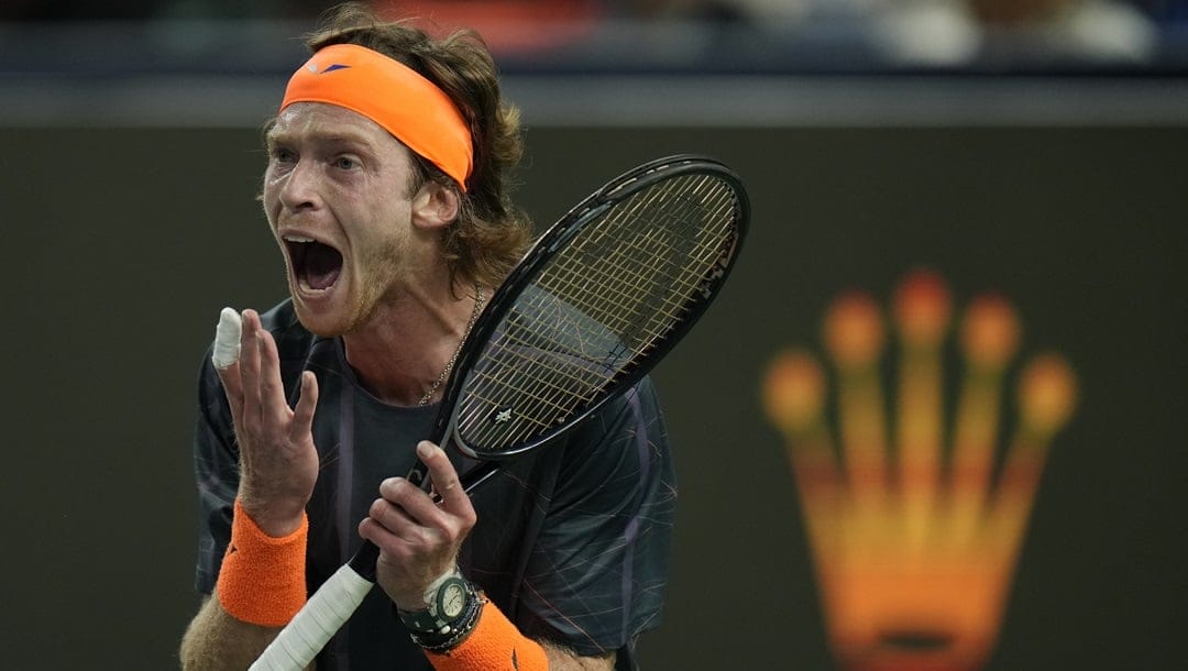 Andrey Rublev of Russia reacts during the men's singles semifinal match against Grigor Dimitrov of Bulgaria in the Shanghai Masters tennis tournament at Qizhong Forest Sports City Tennis Center in Shanghai, China, Saturday, Oct. 14, 2023.