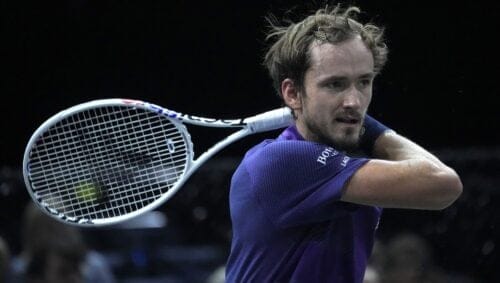 Daniil Medvedev, of Russia, slams a forehand to Alex de Minaur, of Australia, during the second round match of the Paris Masters tennis tournament at the Accor Arena, Wednesday, Nov. 2, 2022 in Paris.