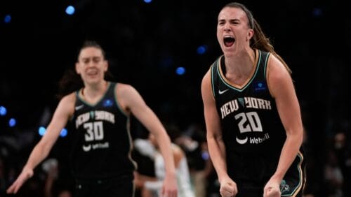 New York Liberty guard Sabrina Ionescu (20) reacts after scoring against the Minnesota Lynx during the third quarter of Game 5 of the WNBA basketball final series, Sunday, Oct. 20, 2024, in New York.