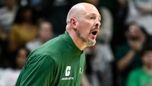 Charlotte head coach Aaron Fearne reacts during the second half of an NCAA college basketball game against South Florida on Saturday, March 2, 2024, in Charlotte, N.C. (AP Photo/Matt Kelley)