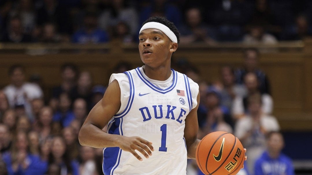 Duke's Caleb Foster (1) handles the ball during NCAA college basketball exhibition game against Lincoln in Durham, N.C., Saturday, Oct. 19, 2024.