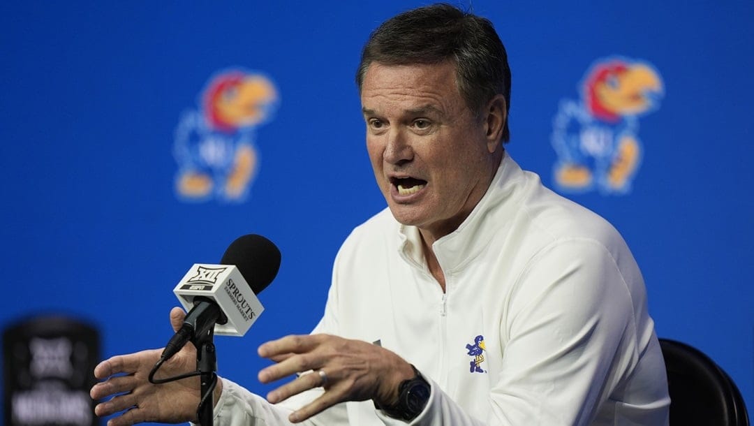 Kansas head coach Bill Self addresses the media during the NCAA college Big 12 men's basketball media day, Wednesday, Oct. 23, 2024, in Kansas City, Mo.