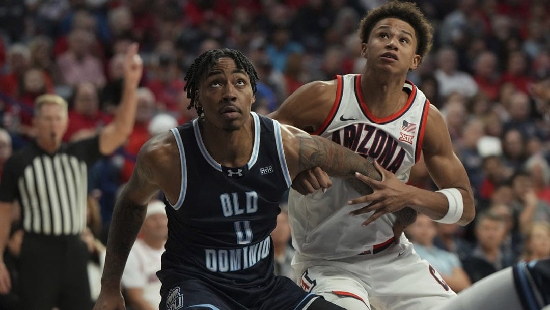 Old Dominion forward Stephaun Walker (0) during the first half of an NCAA college basketball game against Arizona, Saturday, Nov. 9, 2024, in Tucson, Ariz.