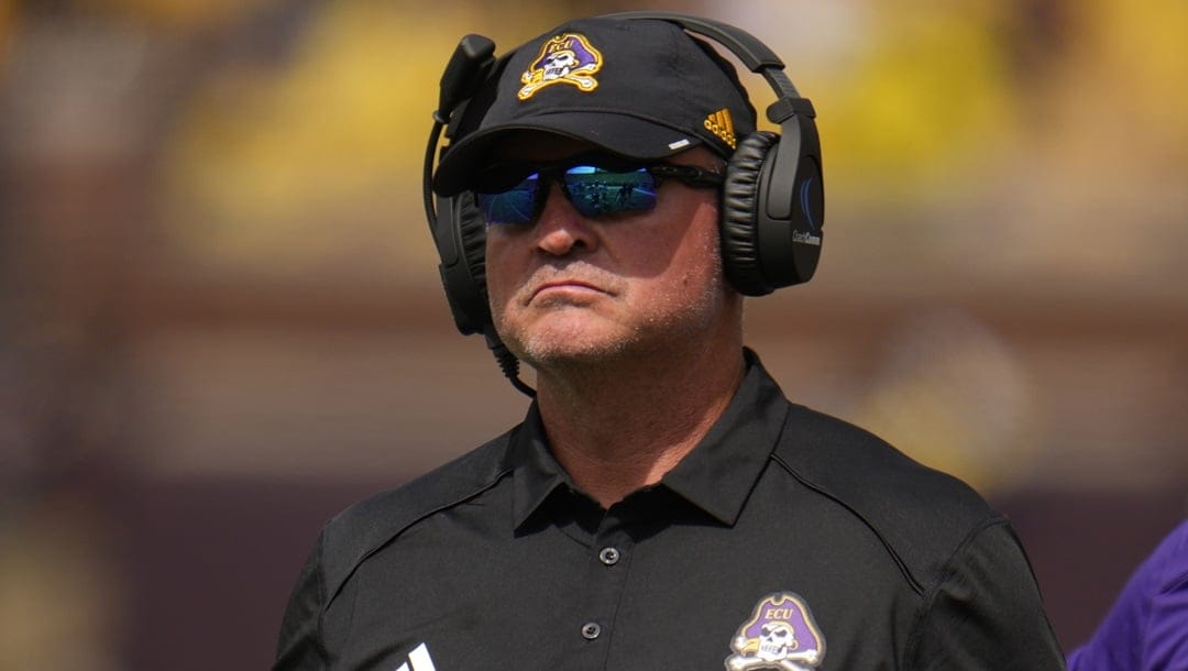 East Carolina head coach Mike Houston watches against Michigan in the second half of an NCAA college football game in Ann Arbor, Mich., Saturday, Sept. 2, 2023.