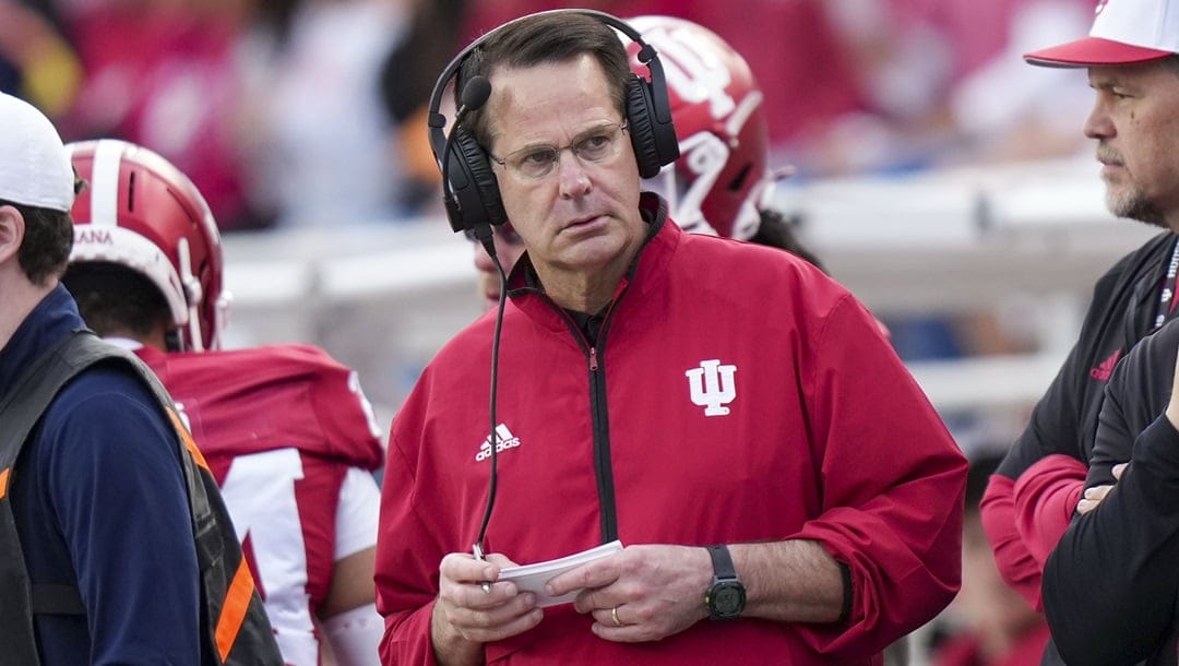 Indiana head coach Curt Cignetti watches from the sideline as his team plays Michigan during the first half of an NCAA college football game in Bloomington, Ind., Saturday, Nov. 9, 2024.