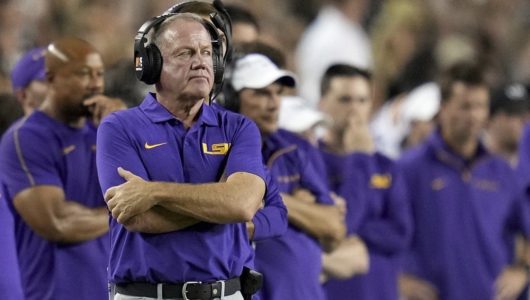 LSU head coach Brian Kelly watches his offense run a play against Texas A&M during the first quarter of an NCAA college football game Saturday, Oct. 26, 2024, in College Station, Texas.