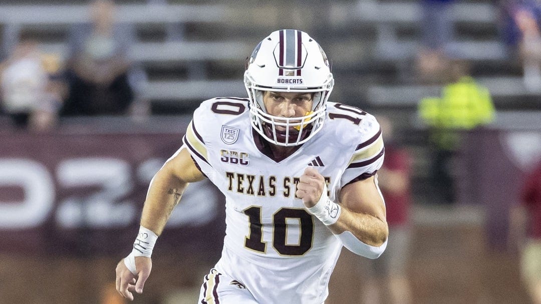 Texas State wide receiver Joey Hobert (10) during an NCAA football game on Thursday, Oct. 3, 2024, in Troy, Ala.