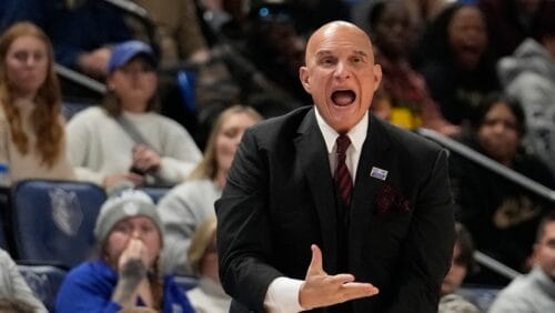 Massachusetts head coach Frank Martin is seen on the sidelines during the first half of an NCAA college basketball game against Saint Louis Saturday, Jan. 27, 2024, in St. Louis. (AP Photo/Jeff Roberson)