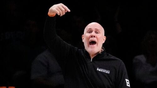 St. Bonaventure coach Mark Schmidt calls out to players during the first half of the team's NCAA college basketball game against Oklahoma State in the Legends Classic tournament Thursday, Nov. 16, 2023, in New York. (AP Photo/Frank Franklin II)